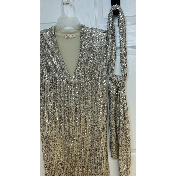 Sofia Lux Champagne Sequin Dress OS One Size Fits 4-14 Made In Italy Retail $195 - Picture 6 of 12